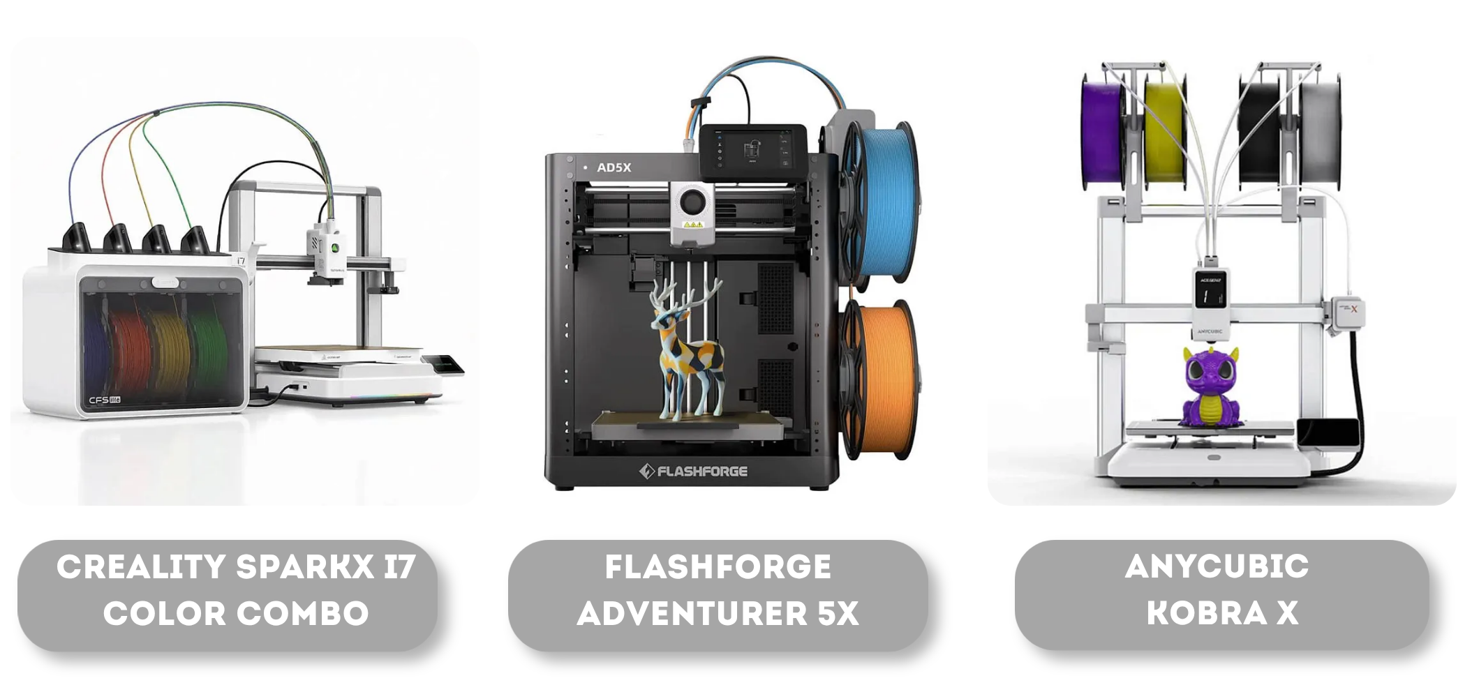 FDM 3d printers Creality sparkx 17 color combo, Flashforge Adventurer 5X, Anycubic Kobra X
